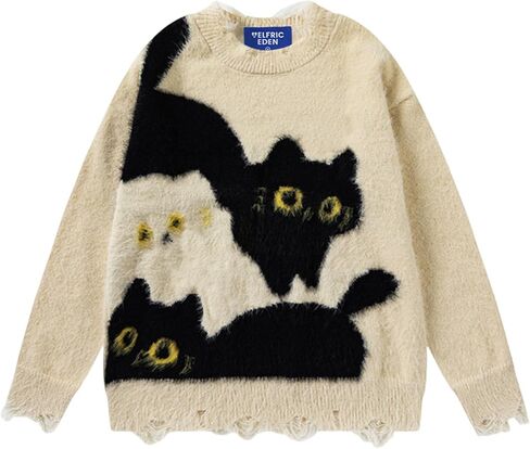 Aelfric Eden Women's Pullover Sweater Color Blocking Cat Graphic Sweater Casual Soft Warm Fall Winter Knitted Tops in Saudi Arabia