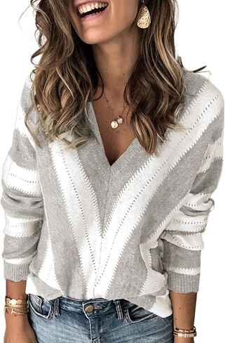 FEKOAFE Womens 2025 Deep V Neck Sweaters Striped Long Sleeve Knit Pullover Sweaters for Women in Kuwait