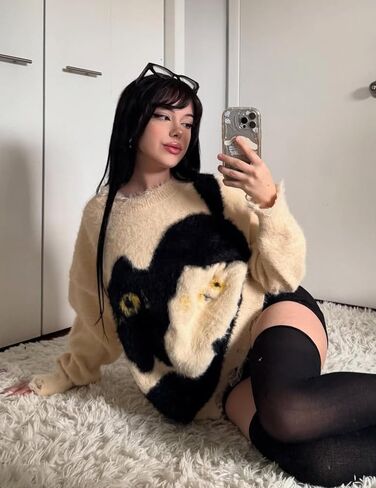 Aelfric Eden Women's Pullover Sweater Color Blocking Cat Graphic Sweater Casual Soft Warm Fall Winter Knitted Tops in Saudi Arabia