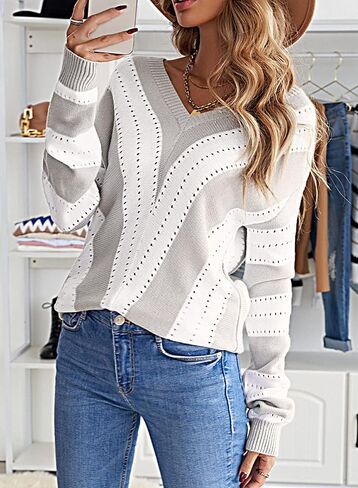 FEKOAFE Womens 2025 Deep V Neck Sweaters Striped Long Sleeve Knit Pullover Sweaters for Women in Kuwait
