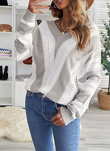 FEKOAFE Womens 2025 Deep V Neck Sweaters Striped Long Sleeve Knit Pullover Sweaters for Women in Kuwait
