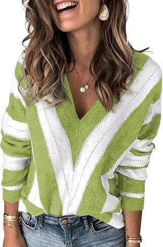 FEKOAFE Womens 2025 Deep V Neck Sweaters Striped Long Sleeve Knit Pullover Sweaters for Women in Kuwait