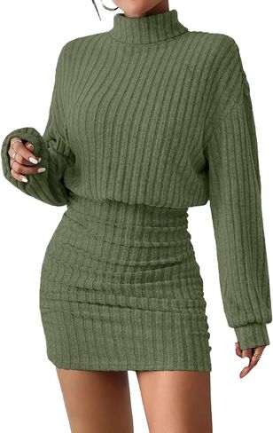 AUXDIO Women's Mock Neck Sweater Dress Fall Long Lantern Sleeve Bodycon 2025 Pullover Mini Short Dresses in Kuwait
