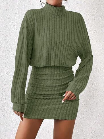 AUXDIO Women's Mock Neck Sweater Dress Fall Long Lantern Sleeve Bodycon 2025 Pullover Mini Short Dresses in Kuwait