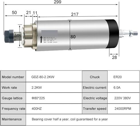 Spindle Motor, CNC Milling Spindle Motor 2.2kw ER20 Air-Cooled Spindle Motor 4 Bearing Φ80*225 Used For CNC Router Engraving Machine for CNC Machine(2.2kw 380) in Saudi Arabia