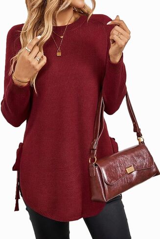 إمرأة خريف Crewneck كم طويل تونك البلوزات البلوز العمل عادية الجانب الشق منحني غير المتكافئة هيم ربطة القوس فيونكة متماسكة القمم in Kuwait