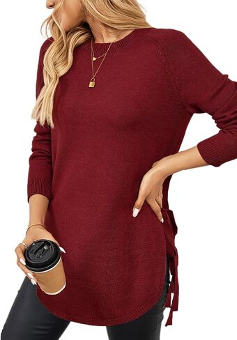 إمرأة خريف Crewneck كم طويل تونك البلوزات البلوز العمل عادية الجانب الشق منحني غير المتكافئة هيم ربطة القوس فيونكة متماسكة القمم in Kuwait