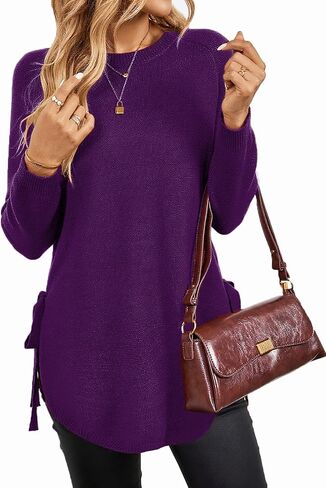 إمرأة خريف Crewneck كم طويل تونك البلوزات البلوز العمل عادية الجانب الشق منحني غير المتكافئة هيم ربطة القوس فيونكة متماسكة القمم in Kuwait