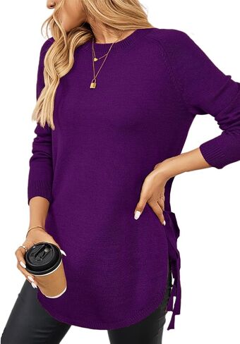 إمرأة خريف Crewneck كم طويل تونك البلوزات البلوز العمل عادية الجانب الشق منحني غير المتكافئة هيم ربطة القوس فيونكة متماسكة القمم in Kuwait