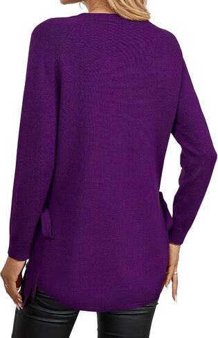 إمرأة خريف Crewneck كم طويل تونك البلوزات البلوز العمل عادية الجانب الشق منحني غير المتكافئة هيم ربطة القوس فيونكة متماسكة القمم in Kuwait