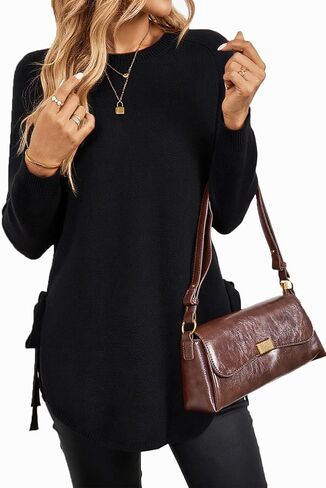 Womens Fall Crewneck Long Sleeve Tunic Sweaters Pullover Work Casual Side Slit Curved Asymmetrical Hem Bow Tie Knit Tops in Kuwait
