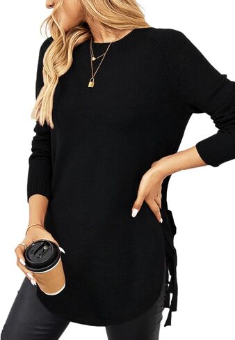 Womens Fall Crewneck Long Sleeve Tunic Sweaters Pullover Work Casual Side Slit Curved Asymmetrical Hem Bow Tie Knit Tops in Kuwait