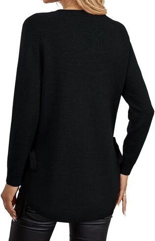 Womens Fall Crewneck Long Sleeve Tunic Sweaters Pullover Work Casual Side Slit Curved Asymmetrical Hem Bow Tie Knit Tops in Kuwait