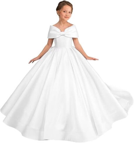 White Off Shoulder Satin Flower Girl Dresses for Weddings First Communion Dress Pageant Gown KT280 in Saudi Arabia