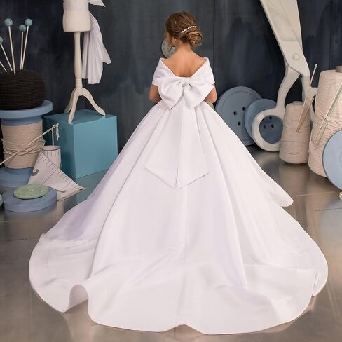 White Off Shoulder Satin Flower Girl Dresses for Weddings First Communion Dress Pageant Gown KT280 in Saudi Arabia