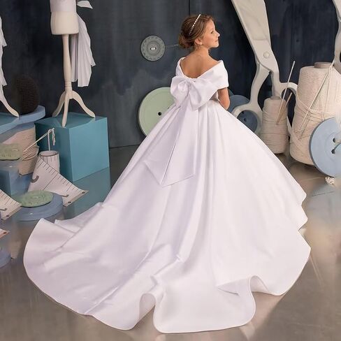 White Off Shoulder Satin Flower Girl Dresses for Weddings First Communion Dress Pageant Gown KT280 in Saudi Arabia