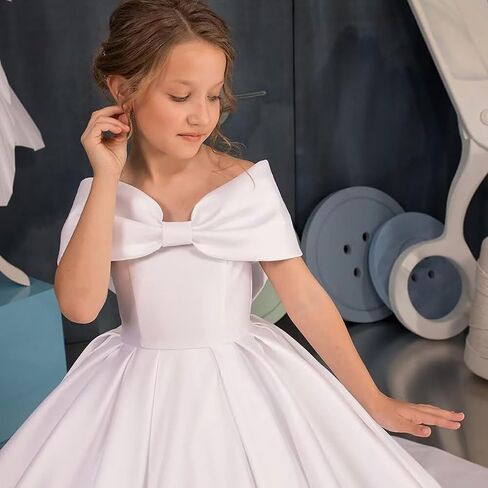 White Off Shoulder Satin Flower Girl Dresses for Weddings First Communion Dress Pageant Gown KT280 in Saudi Arabia