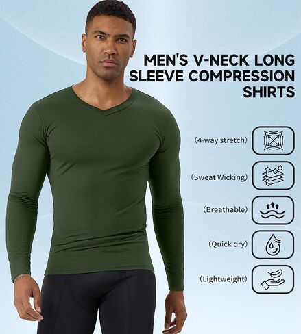 قمصان رجالية مضغوطة برقبة على شكل V وأكمام طويلة للتمرين، قمصان رياضية ذات طبقات أساسية وجافة in Kuwait