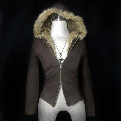 Crop Winter Coats Teen Y2k Zip Up Hoodie Fur Jackets Vintage Emo Fairy Grunge 2000s Streetwear in Kuwait