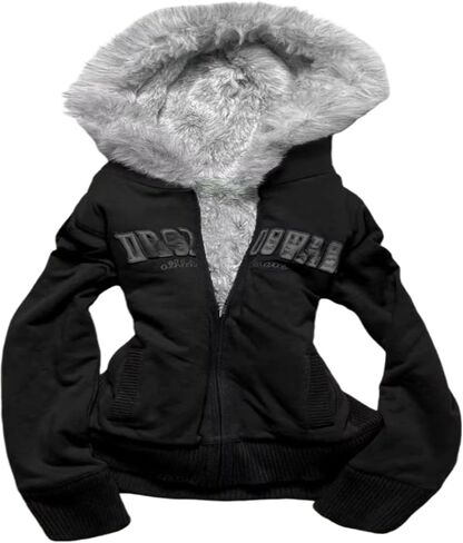 Crop Winter Coats Teen Y2k Zip Up Hoodie Fur Jackets Vintage Emo Fairy Grunge 2000s Streetwear in Kuwait