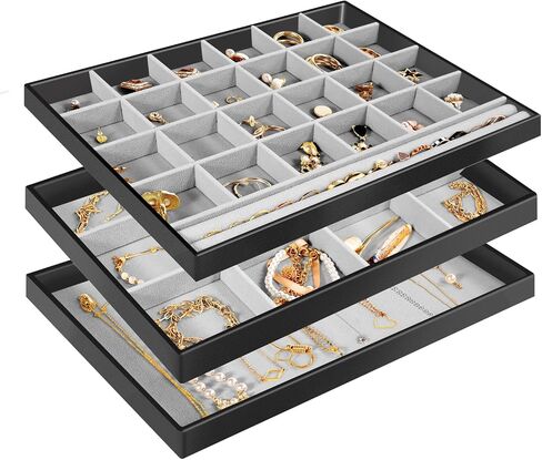 ProCase Stackable Large Jewelry Drawer Organizer, 3 Pack Velvet Jewelry Organizer Tray with Removable Dividers for Earring Necklace Bracelet -Beige in Saudi Arabia