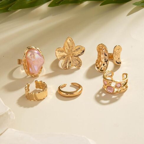 GYRMMUE Vintage Chunky Gold Rings,Statement Flower Stackable Ring Crystal Pearl Knuckle Rings Aesthetic Open Midi Ring Set Jewelry for Women in Saudi Arabia