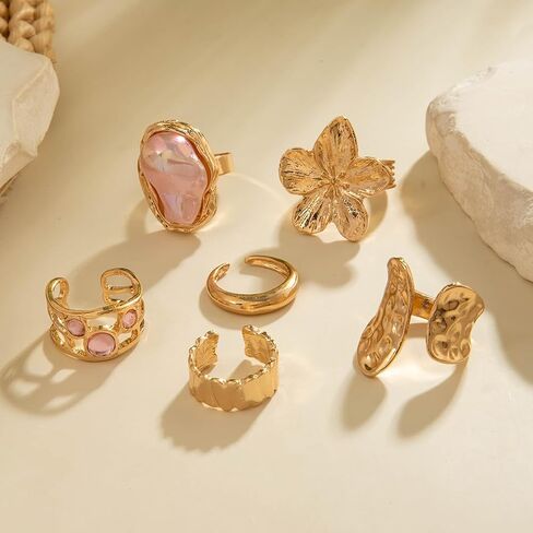 GYRMMUE Vintage Chunky Gold Rings,Statement Flower Stackable Ring Crystal Pearl Knuckle Rings Aesthetic Open Midi Ring Set Jewelry for Women in Saudi Arabia