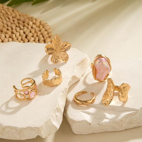 GYRMMUE Vintage Chunky Gold Rings,Statement Flower Stackable Ring Crystal Pearl Knuckle Rings Aesthetic Open Midi Ring Set Jewelry for Women in Saudi Arabia