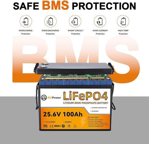 بطارية BtrPower 12V 100Ah Mini LiFePO4 ذات حجم صغير وخفيف الوزن، مدمجة 100A BMS وخلايا من الدرجة A، ما يصل إلى 15000 دورة وعمر 10 سنوات للمركبات الترفيهية والطاقة الشمسية ومحرك التصيد والتخييم. in Kuwait