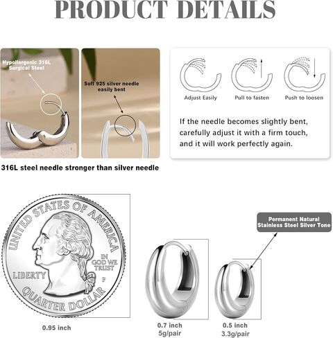 Small Gold Hoop Earrings Surgical Stainless Steel Hypoallergenic Silver Hoops 0.5/0.7 inch Chunky Huggies Tarnish Free Jewelry Everyday Sleeper Earrings for women in Kuwait