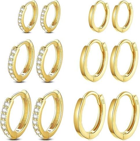 6 Pairs 925 Sterling Silver Women'S Small Hoop Earrings, 14k Real Gold Hypoallergenic Small Cubic Zirconia Cartilage Huggie Earring Set For Many Piercings Fashion Jewelry 8/10/12mm in Saudi Arabia