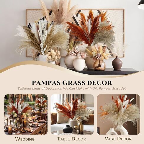 Pampas Grass Dried Flowers for Vase, Burnt Orange Pampas Grass Boho Home Decor, Wedding Decorations (Mixed Burnt Orange) in Kuwait