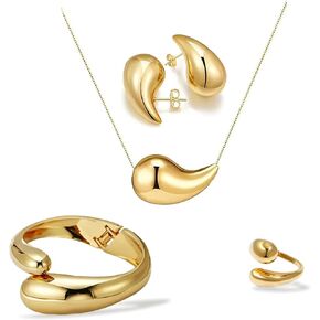 Gold-Plated Teardrop Jewelry Set, Necklace, Earrings, Ring, Bangle Bracelet, Chunky Twisted Hinged Waterdrop Set for Women, Gold-Plated Baroque Style Jewelry Set in Kuwait