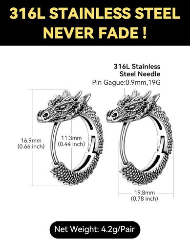 ChainsHouse Dragon Hoop Earrings for Men, Stainless Steel/14K Gold/Black Punk Rock Earrings Hypoallergenic Lightweight Stud Earrings Huggie Hoop Earrings Mens Jewelry Gift in Saudi Arabia