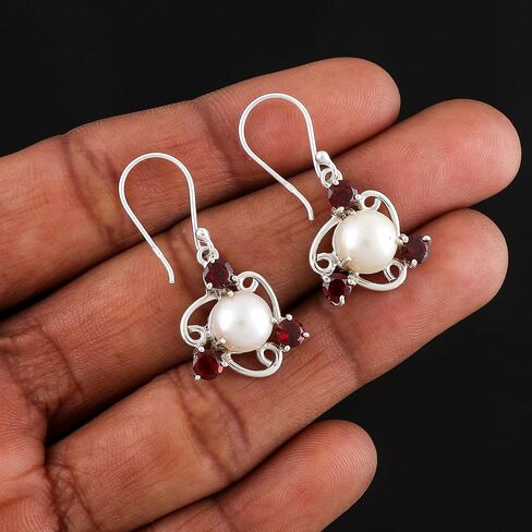 Solid 925 Sterling Silver Earrings, Natural Garnet Gemstones Earrings for Women, Dangle, January Birthstones, Bohemian Handmade Elegant Statement Jewelry, Wedding, Christmas Gifts in Saudi Arabia