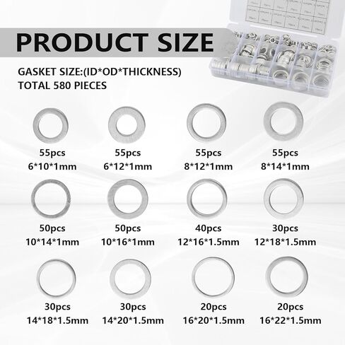 مجموعة حشية قابس تصريف زيت السيارة 580 قطعة، تشكيلة غسالة سحق الزيت مع 18 أبعاد تتضمن M6/M8/M10/M12/M14/M16/M18/M20/M22/M24 للختم، مجموعة حشية إكسسوارات السيارة العملية in Kuwait