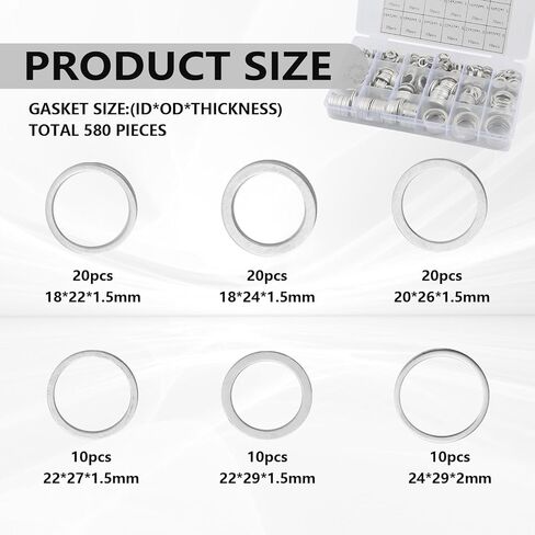 مجموعة حشية قابس تصريف زيت السيارة 580 قطعة، تشكيلة غسالة سحق الزيت مع 18 أبعاد تتضمن M6/M8/M10/M12/M14/M16/M18/M20/M22/M24 للختم، مجموعة حشية إكسسوارات السيارة العملية in Kuwait