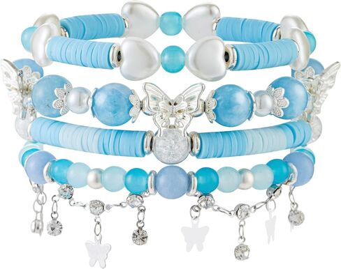 Besydec Stackable Boho Beaded Bracelets With Natural Stone & Pearl Heart & Clay Beads for Women,Adjustable Silver Jewelry in Saudi Arabia