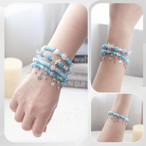Besydec Stackable Boho Beaded Bracelets With Natural Stone & Pearl Heart & Clay Beads for Women,Adjustable Silver Jewelry in Saudi Arabia