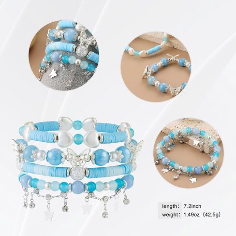 Besydec Stackable Boho Beaded Bracelets With Natural Stone & Pearl Heart & Clay Beads for Women,Adjustable Silver Jewelry in Saudi Arabia