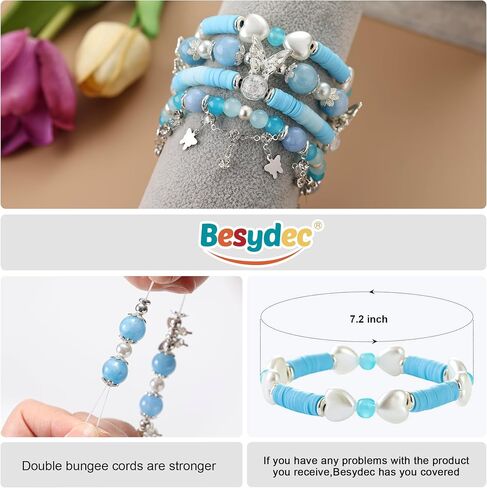 Besydec Stackable Boho Beaded Bracelets With Natural Stone & Pearl Heart & Clay Beads for Women,Adjustable Silver Jewelry in Saudi Arabia