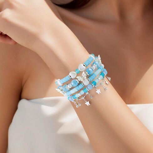 Besydec Stackable Boho Beaded Bracelets With Natural Stone & Pearl Heart & Clay Beads for Women,Adjustable Silver Jewelry in Saudi Arabia