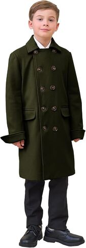 Boys Notch Lapel Double Breasted Jacket Long Trench Dress Coat Casual Classic Peacoat in Saudi Arabia