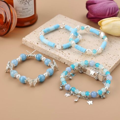 Besydec Stackable Boho Beaded Bracelets With Natural Stone & Pearl Heart & Clay Beads for Women,Adjustable Silver Jewelry in Saudi Arabia