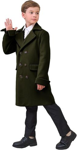 Boys Notch Lapel Double Breasted Jacket Long Trench Dress Coat Casual Classic Peacoat in Saudi Arabia