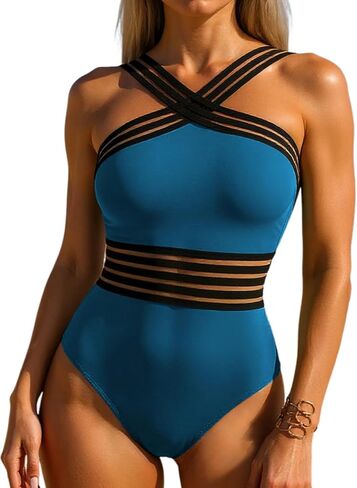 Mycoco Women's One Piece Swimsuits High Neck Crosscriss Straps Bathing Suits High Leg Monokini Swimwear in Kuwait