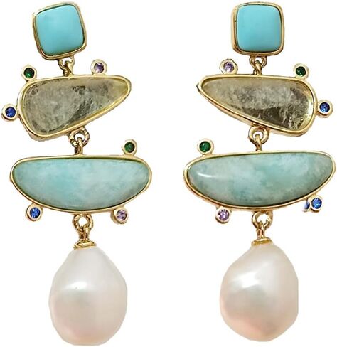 Yomisa Boho Dangle Earrings for Women Gold Silver,Statement Earrings Amethyst Jade Pearl Drop Dangle Earrings for Women Trendy Jewelry Gifts,Lightweight Western Handmade Natural Stones Drop Earrings in Kuwait