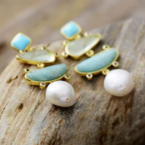 Yomisa Boho Dangle Earrings for Women Gold Silver,Statement Earrings Amethyst Jade Pearl Drop Dangle Earrings for Women Trendy Jewelry Gifts,Lightweight Western Handmade Natural Stones Drop Earrings in Kuwait