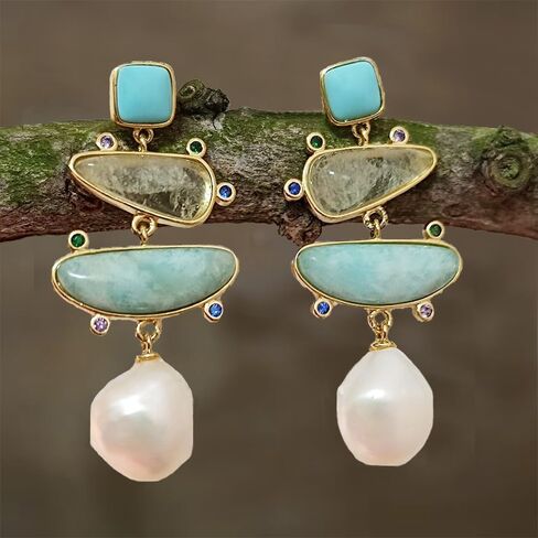 Yomisa Boho Dangle Earrings for Women Gold Silver,Statement Earrings Amethyst Jade Pearl Drop Dangle Earrings for Women Trendy Jewelry Gifts,Lightweight Western Handmade Natural Stones Drop Earrings in Kuwait
