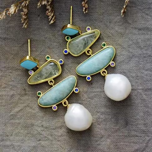 Yomisa Boho Dangle Earrings for Women Gold Silver,Statement Earrings Amethyst Jade Pearl Drop Dangle Earrings for Women Trendy Jewelry Gifts,Lightweight Western Handmade Natural Stones Drop Earrings in Kuwait